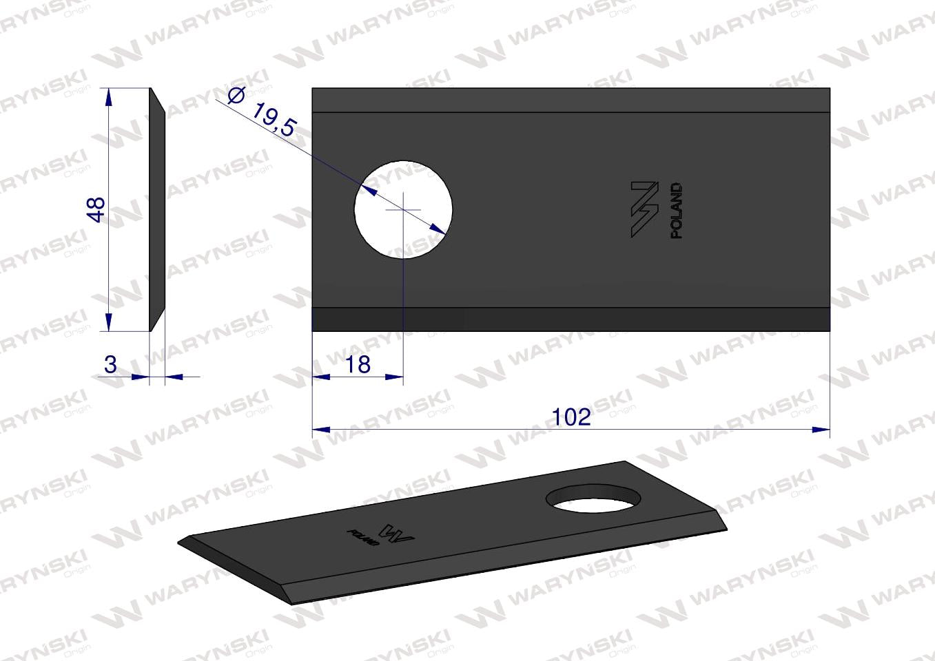 Nóż, nożyk kosiarka rotacyjna 102x48x3mm zastosowanie Samasz op. 25szt.